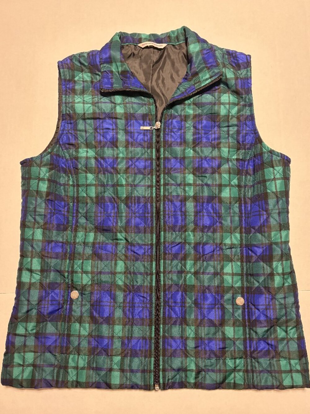 Allison Daley Green Blue Plaid Quilted Puffer Vest Size 12 Preppy Outdoor
